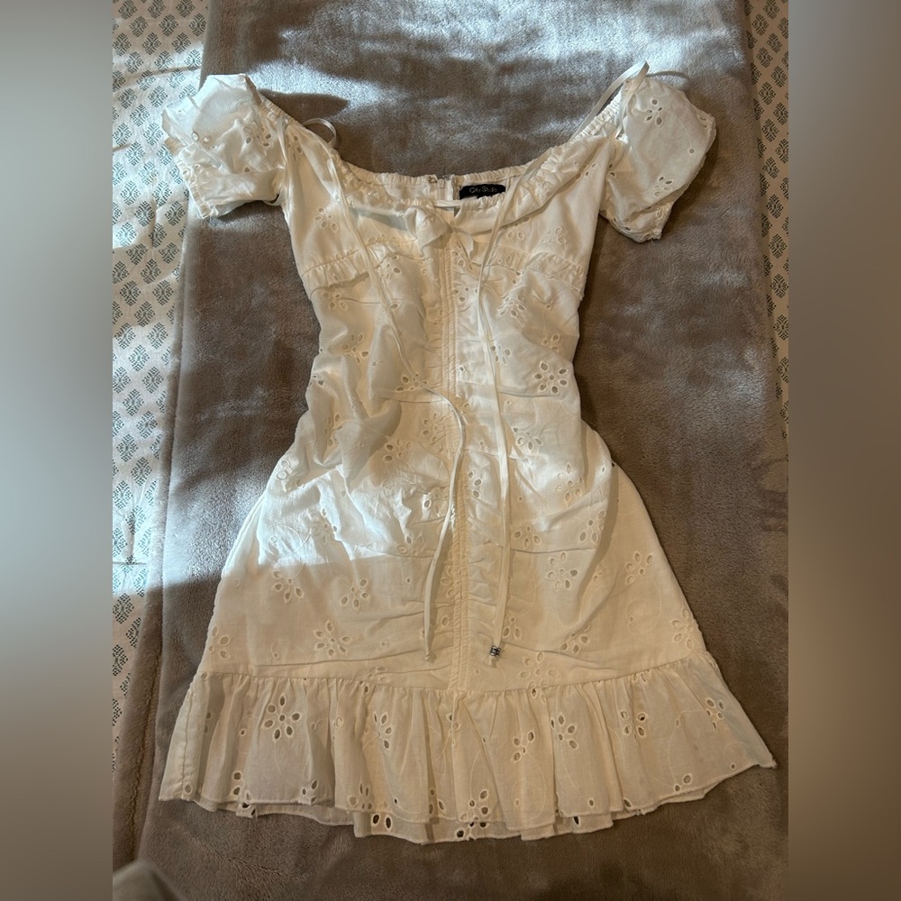 White detailed off the shoulder mini dress